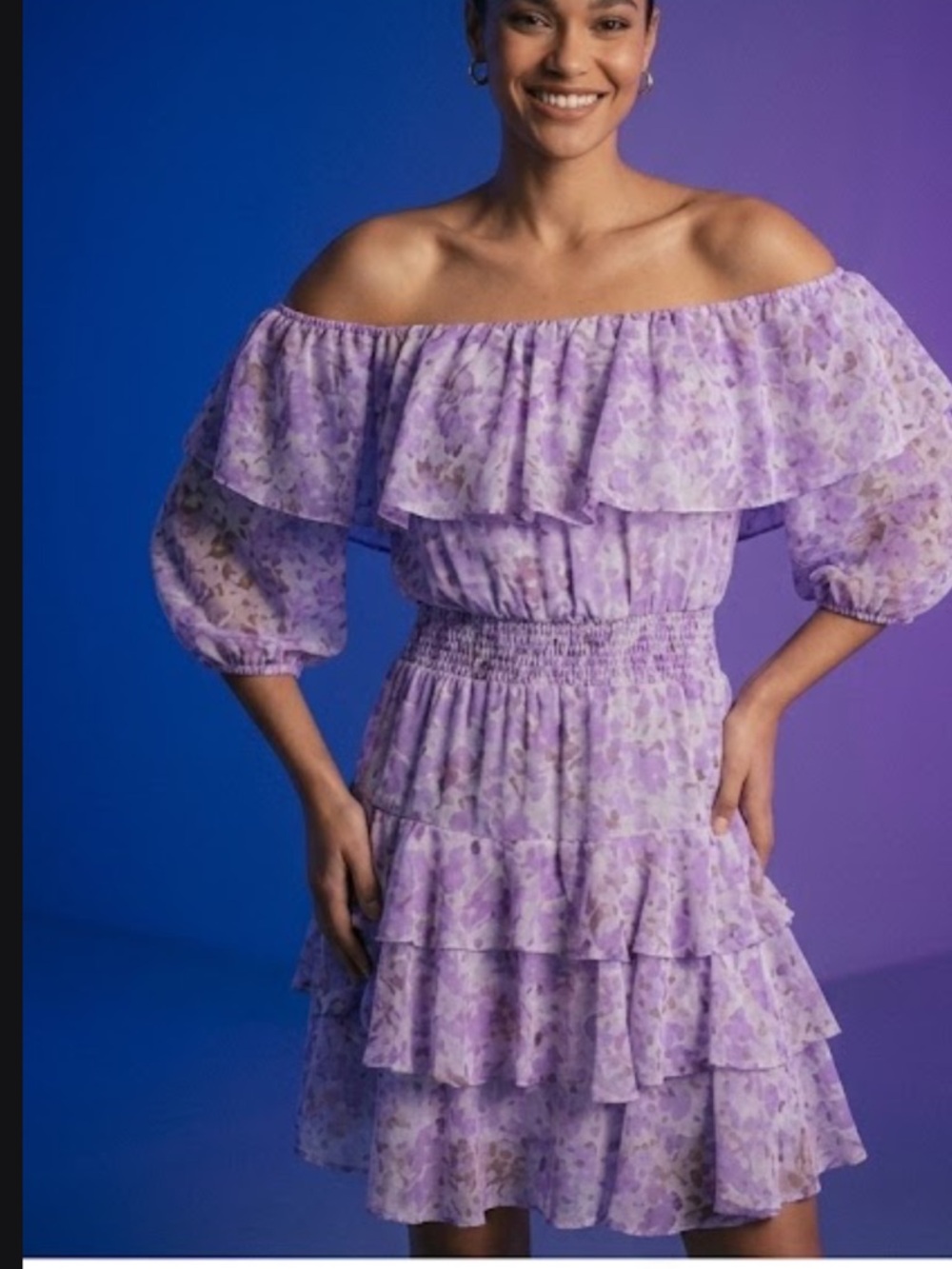 Taylor Lavender Floral One-Shoulder Ruffle Dress